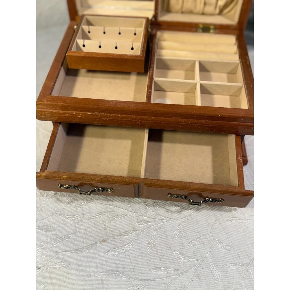 Vintage Wooden Jewelry Box Mirror Drawer Brass Hardware Brown Estate Organzier